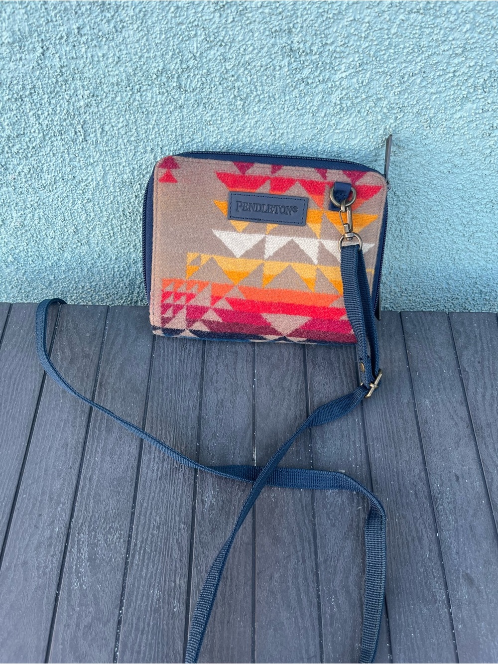 Pendleton Geometric Crossbody Bag - Navy Strap with Red, Tan, Yellow Accents